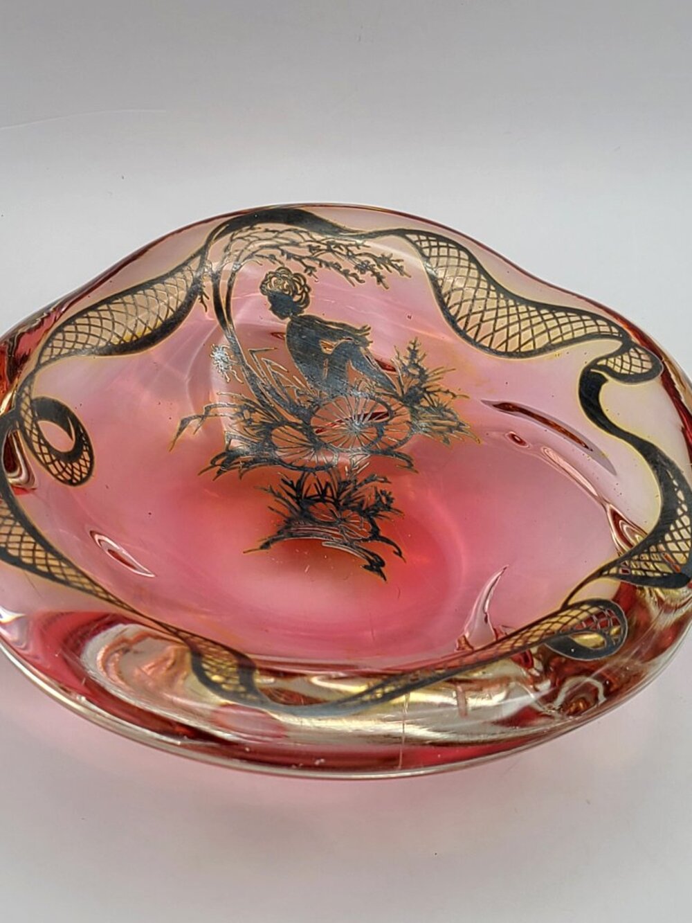 Stunning Vintage Pink Cranberry Glass Bowl with Silver Overlay